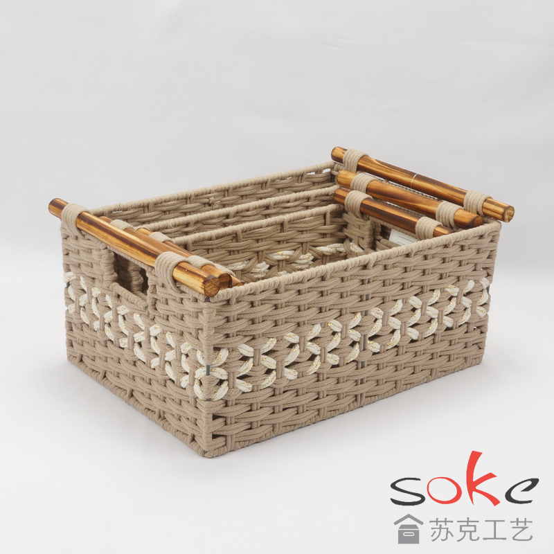 Cotton Rope Hand- Woven Basket with Wooden Handles