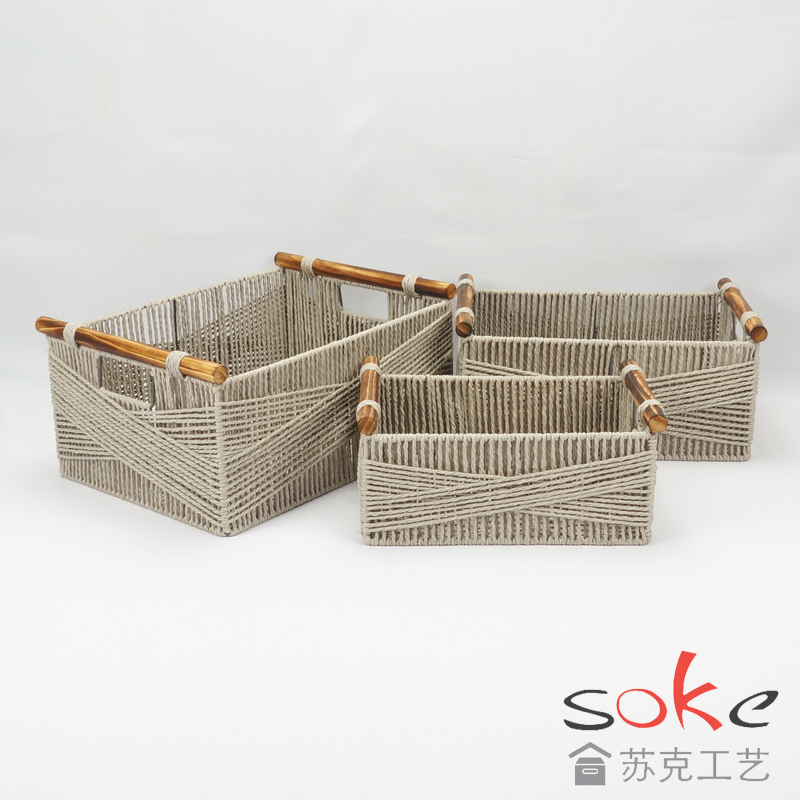 Paper String Hand-made Storage Basket with Wooden Handles