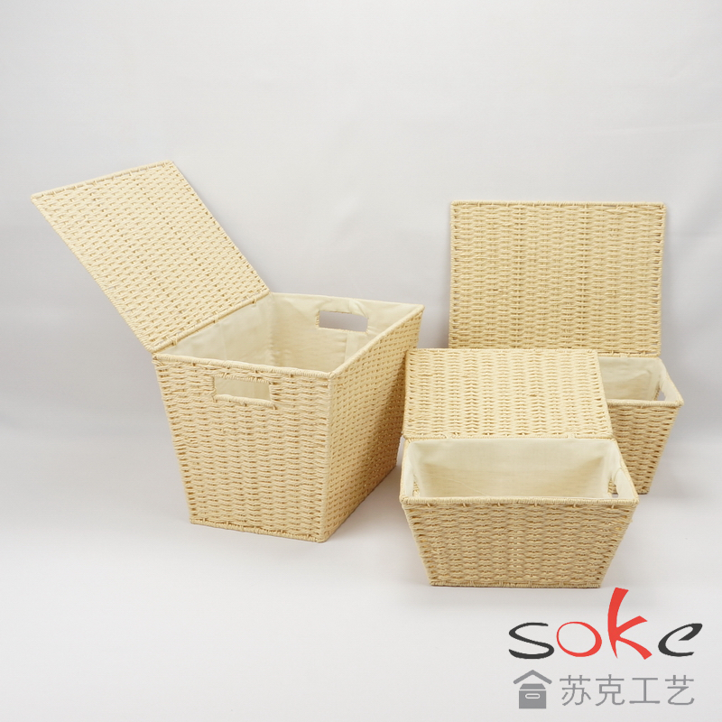 Paper String Hand-made Storage Basket with Lid