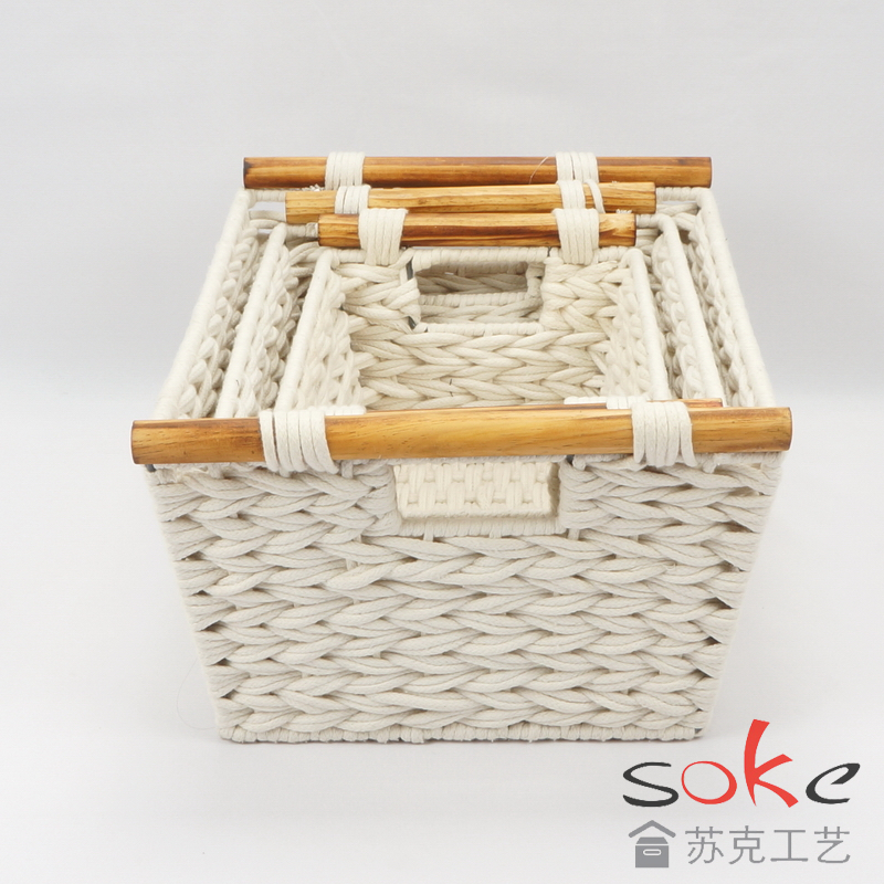 Cotton Rope Hand- Woven Basket with Wooden Handles