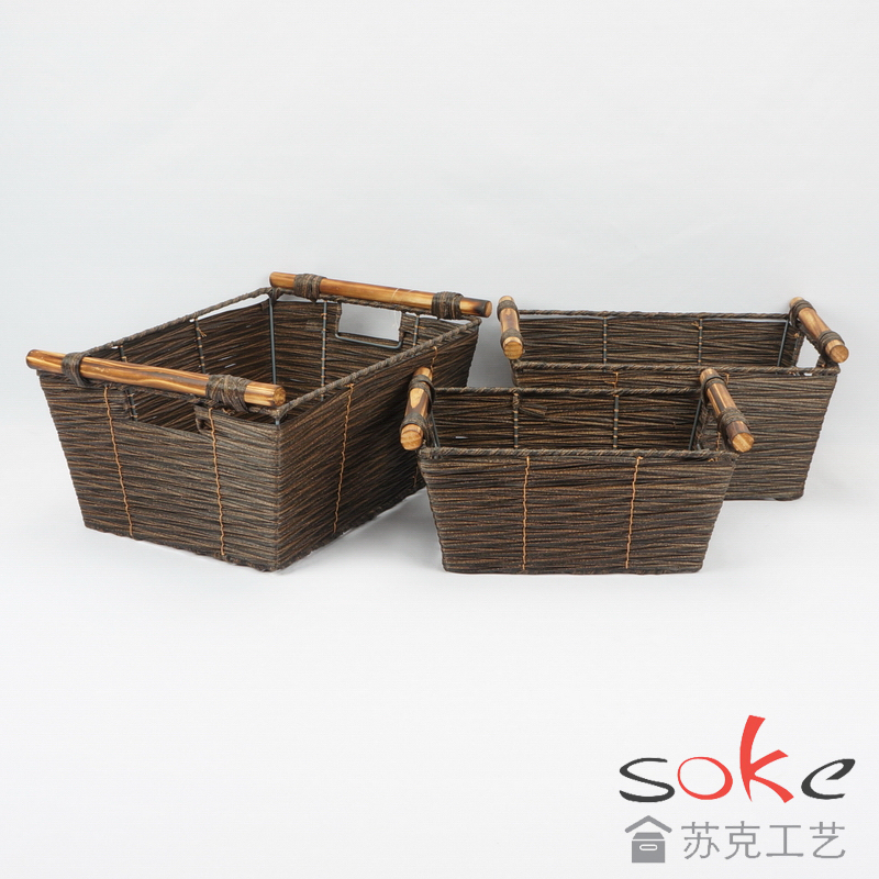 PE Rattan Woven Storage Basket with wooden handles