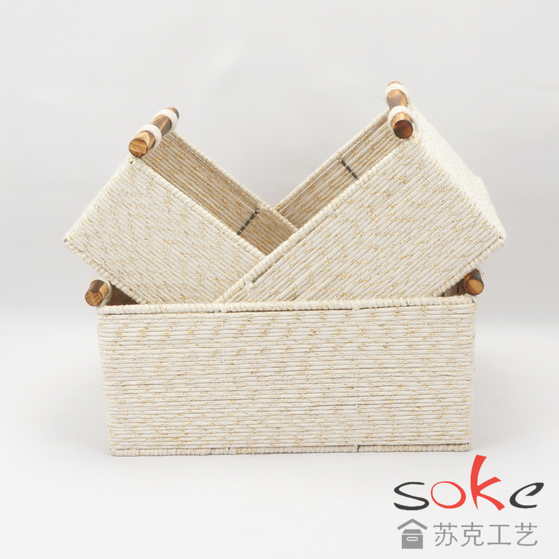 Cotton Rope Hand-Woven basket with wooden handles
