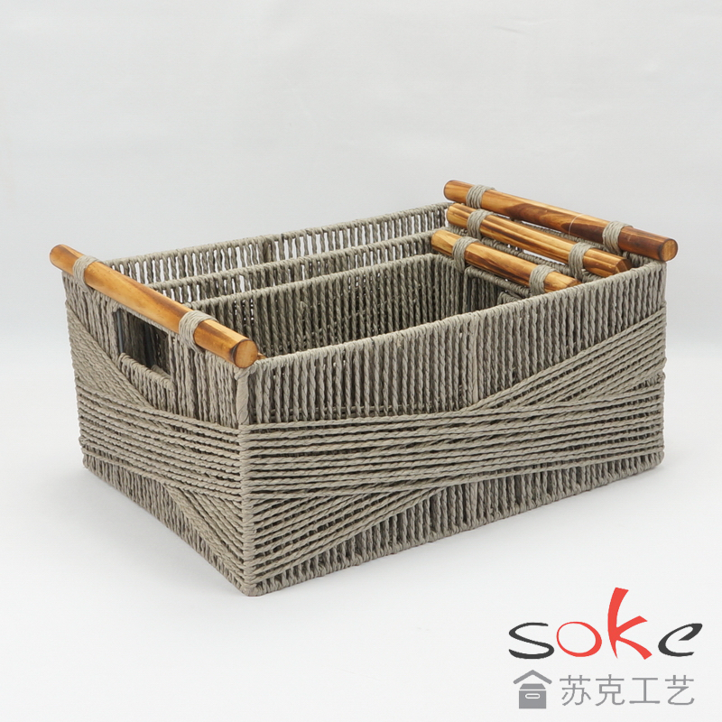 Paper String Hand-made Storage Basket with Wooden Handles