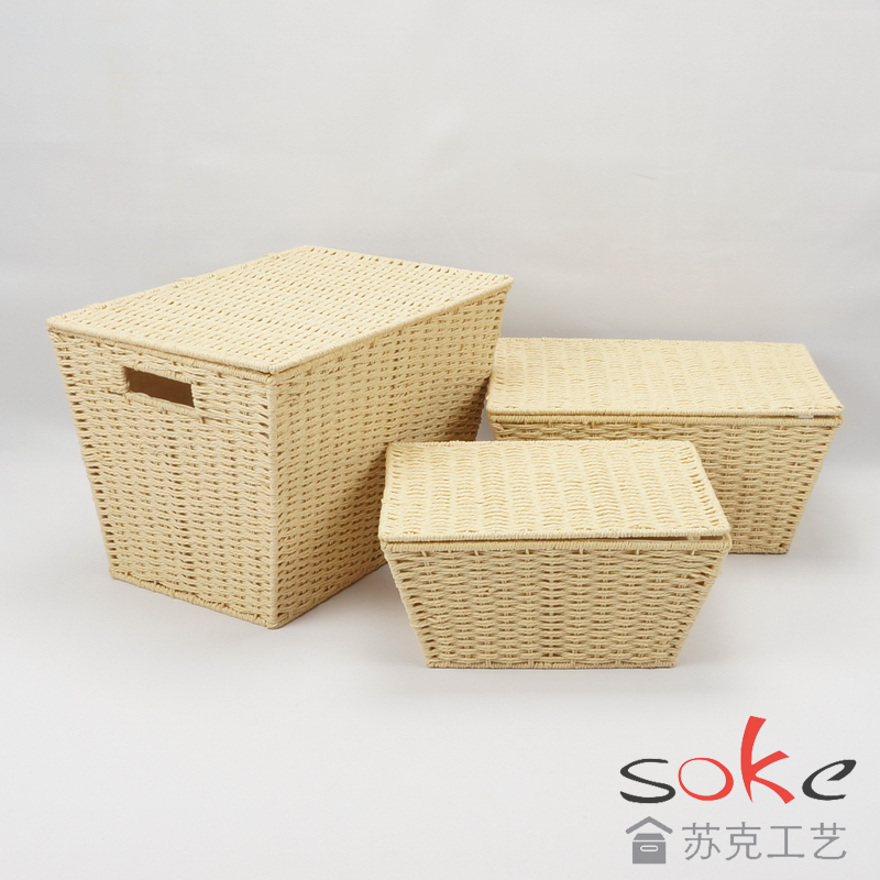 Paper String Hand-made Storage Basket with Lid
