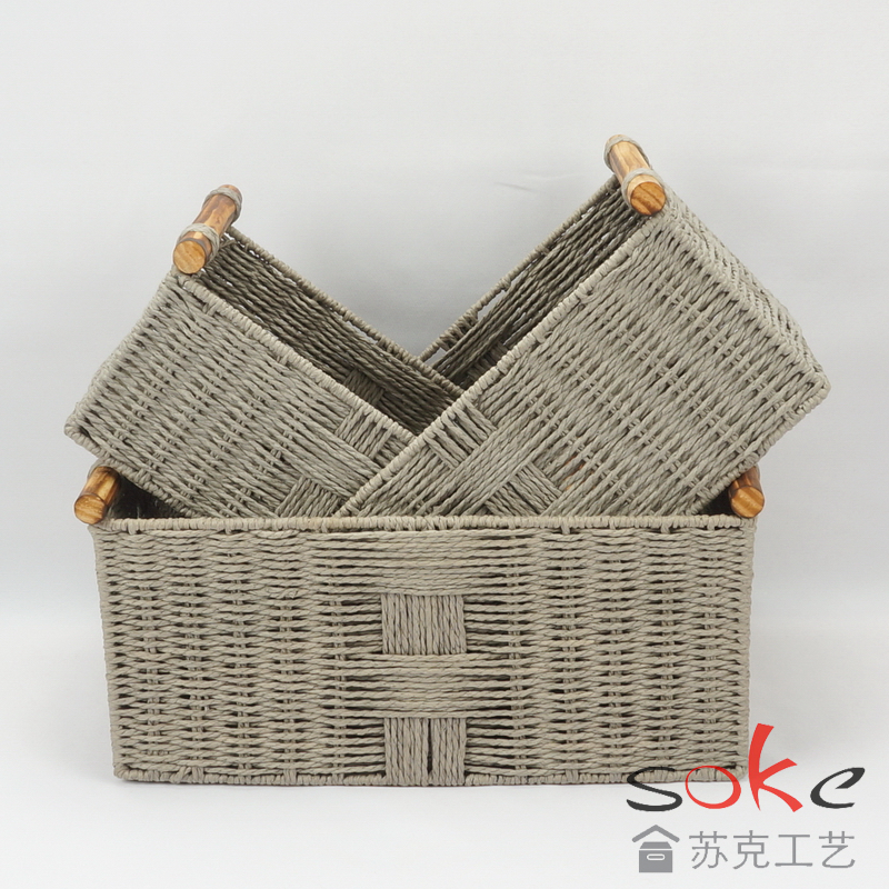 Paper String Hand-made Storage Basket with Wooden Handles