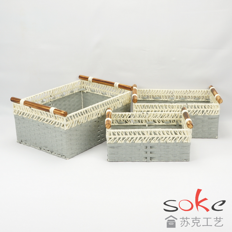 Paper String Hand-made Storage Basket with Wooden Handles