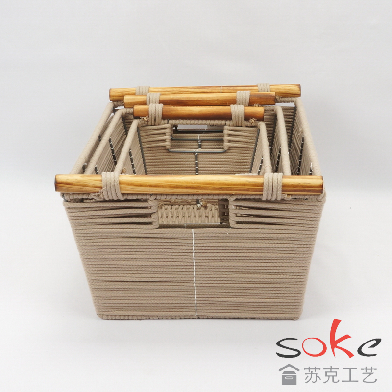 Cotton Rope Hand-Woven basket with wooden handles
