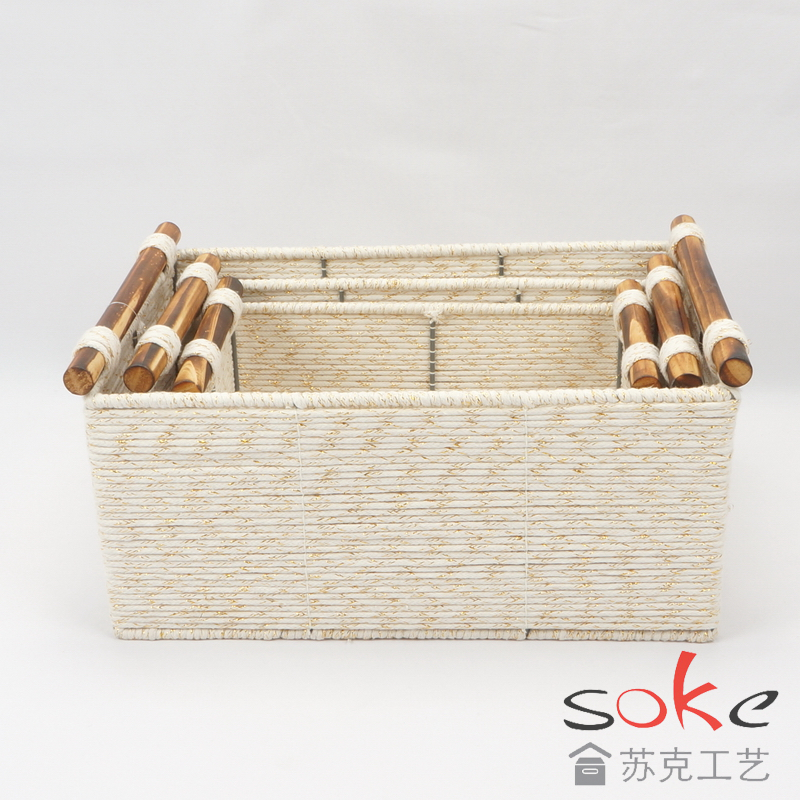 Cotton Rope Hand-Woven basket with wooden handles