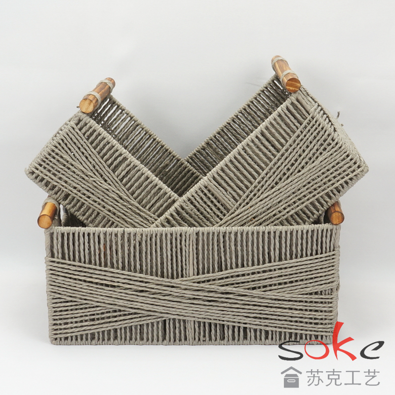 Paper String Hand-made Storage Basket with Wooden Handles