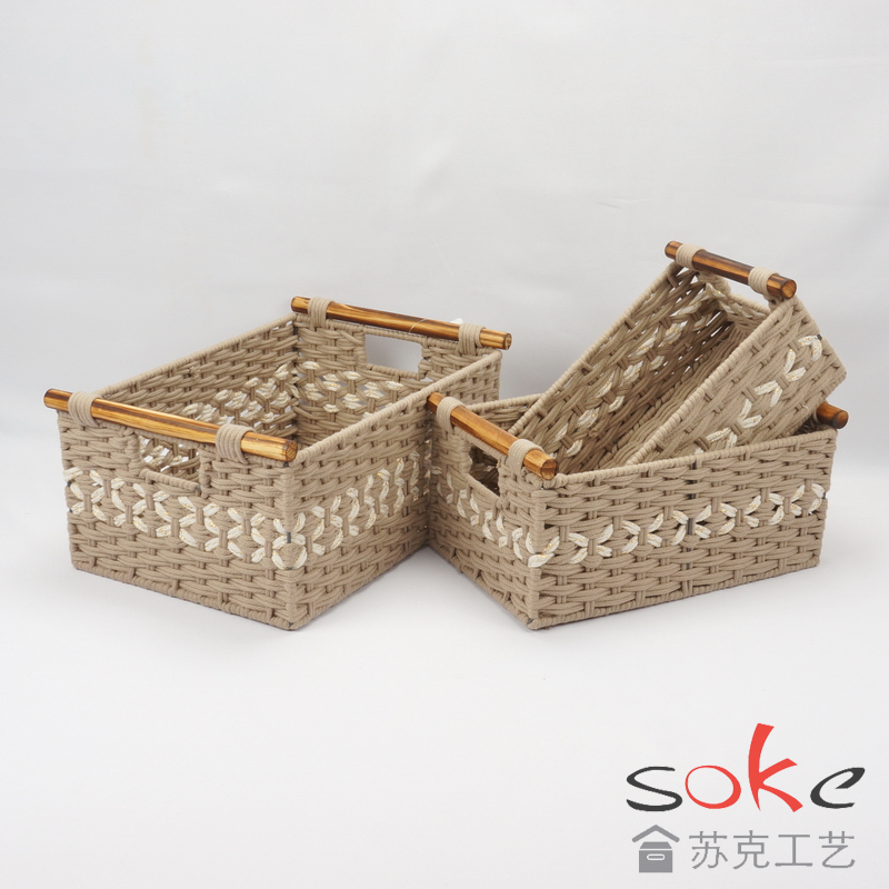 Cotton Rope Hand- Woven Basket with Wooden Handles