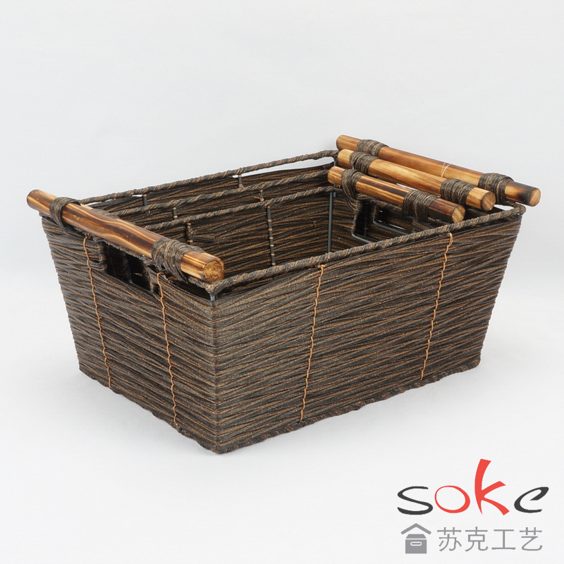 PE Rattan Woven Storage Basket with wooden handles