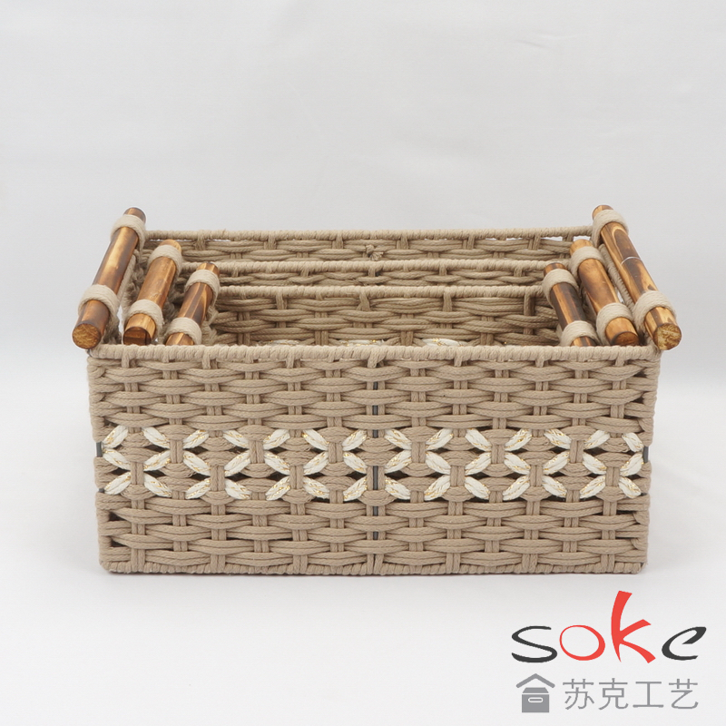 Cotton Rope Hand- Woven Basket with Wooden Handles