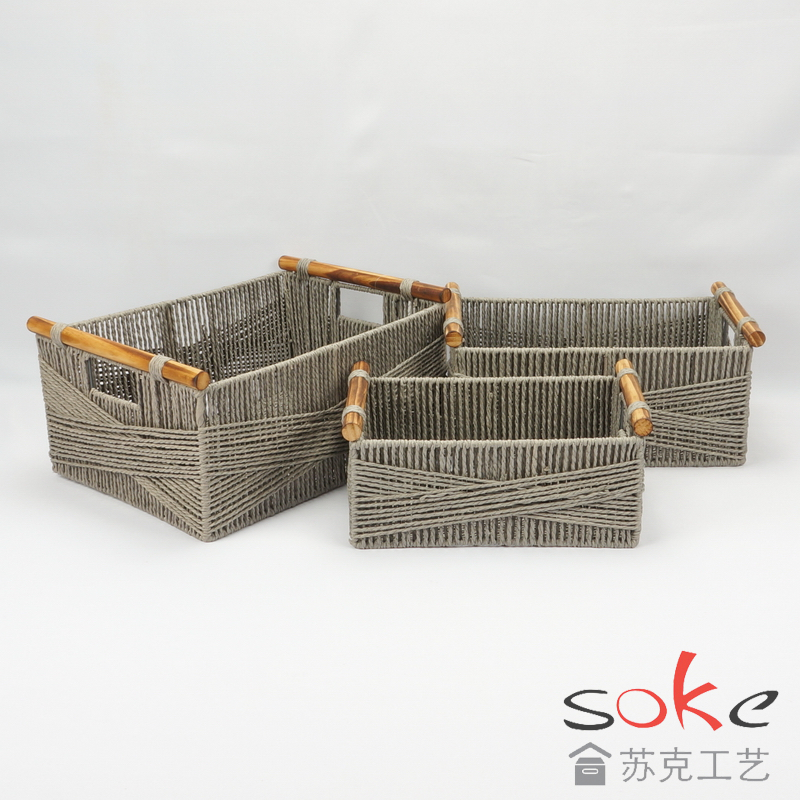 Paper String Hand-made Storage Basket with Wooden Handles