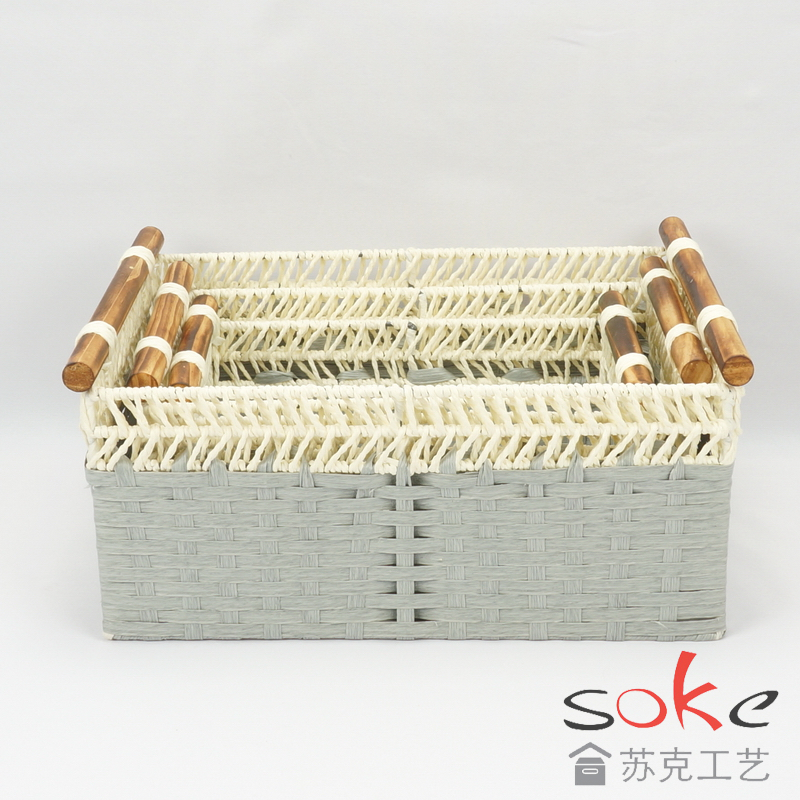 Paper String Hand-made Storage Basket with Wooden Handles