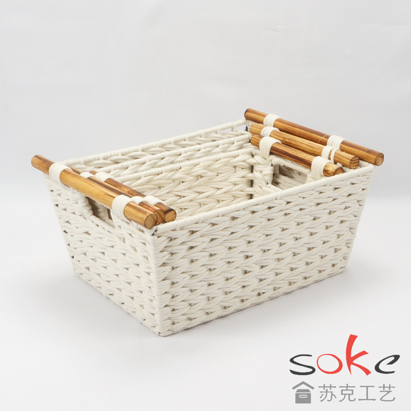 Cotton Rope Hand- Woven Basket with Wooden Handles