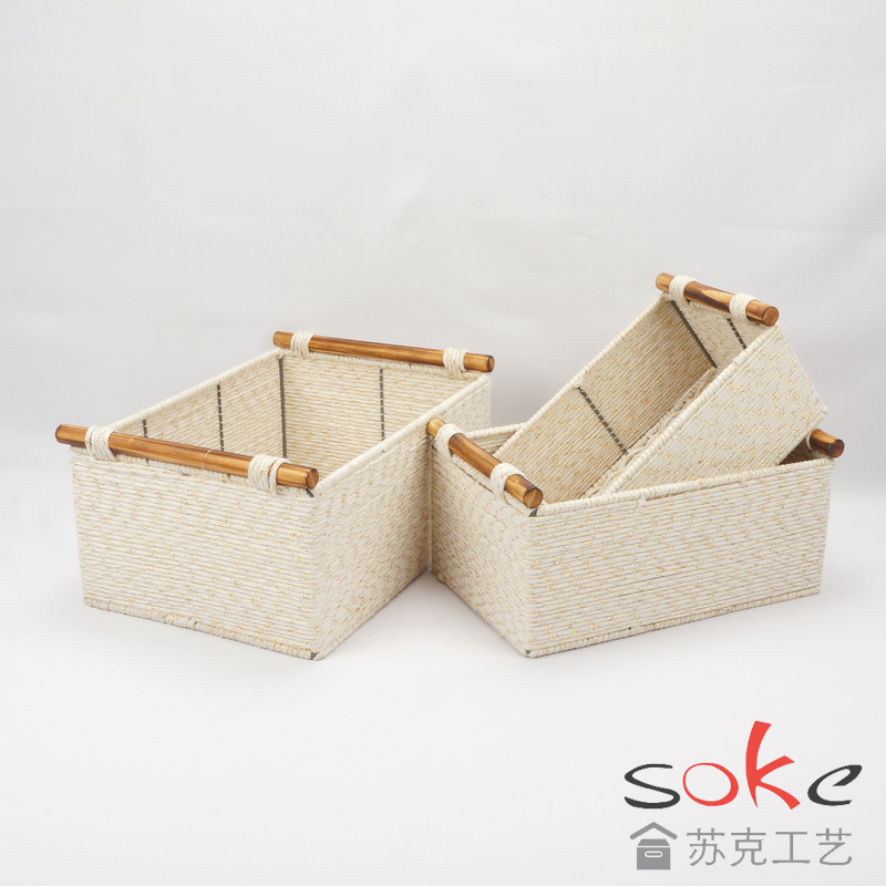 Cotton Rope Hand-Woven basket with wooden handles