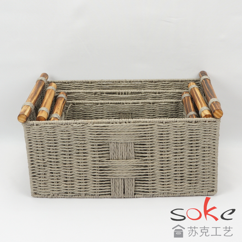 Paper String Hand-made Storage Basket with Wooden Handles