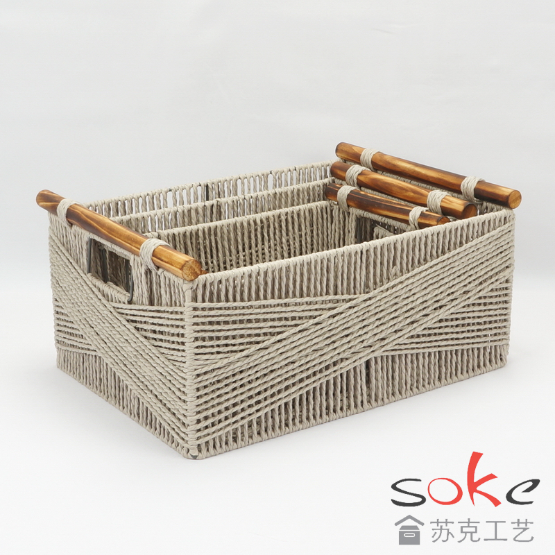 Paper String Hand-made Storage Basket with Wooden Handles