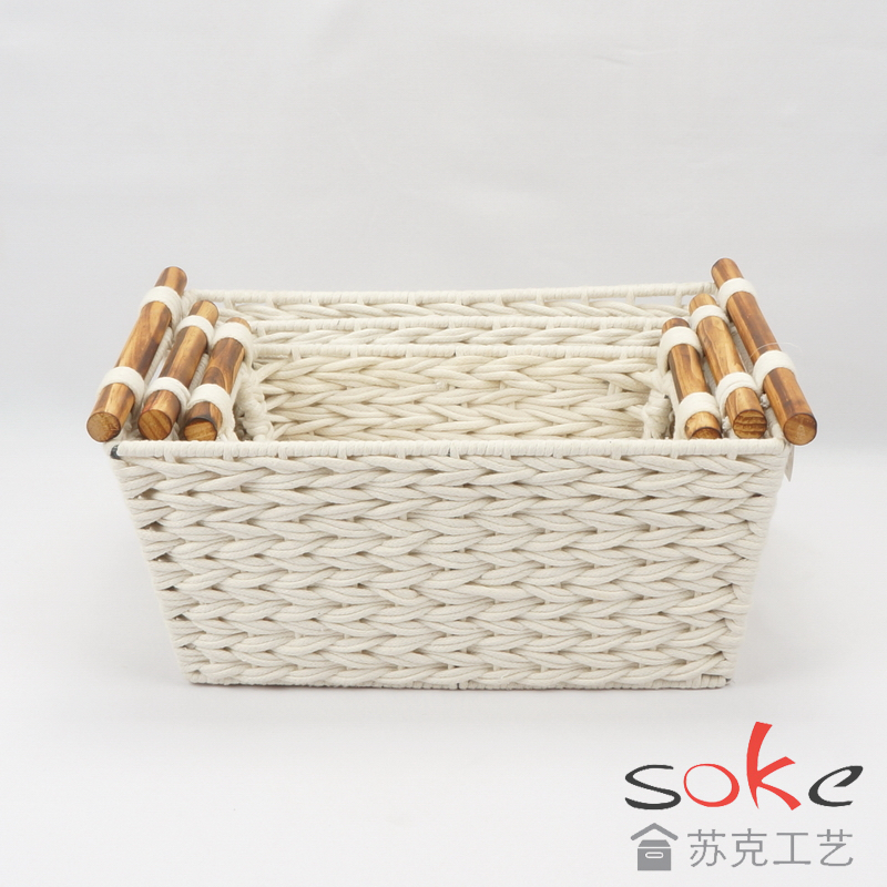 Cotton Rope Hand- Woven Basket with Wooden Handles