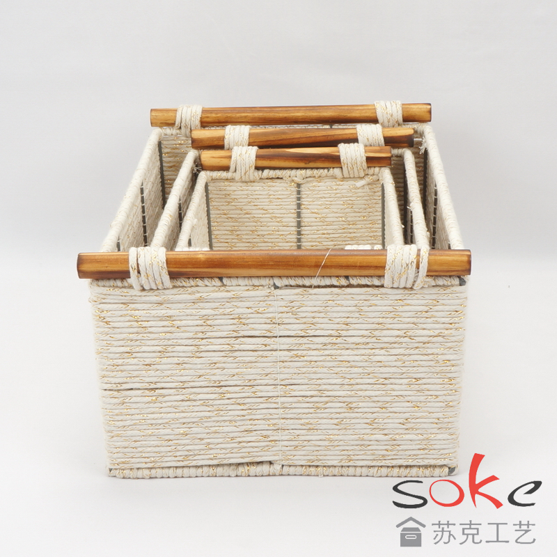 Cotton Rope Hand-Woven basket with wooden handles