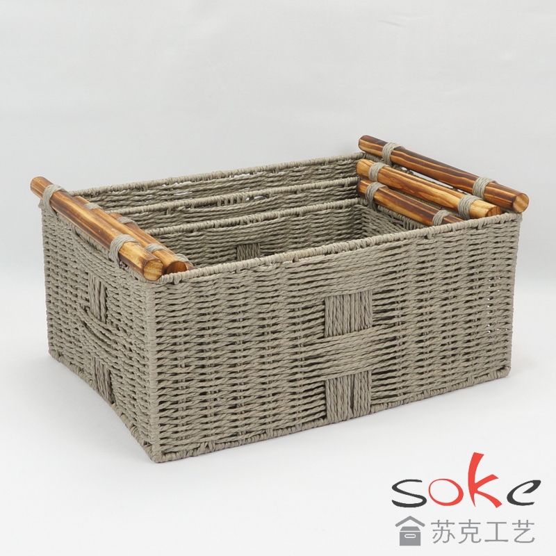 Paper String Hand-made Storage Basket with Wooden Handles