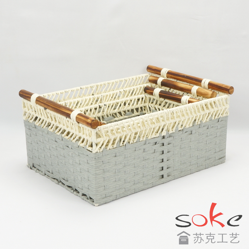 Paper String Hand-made Storage Basket with Wooden Handles