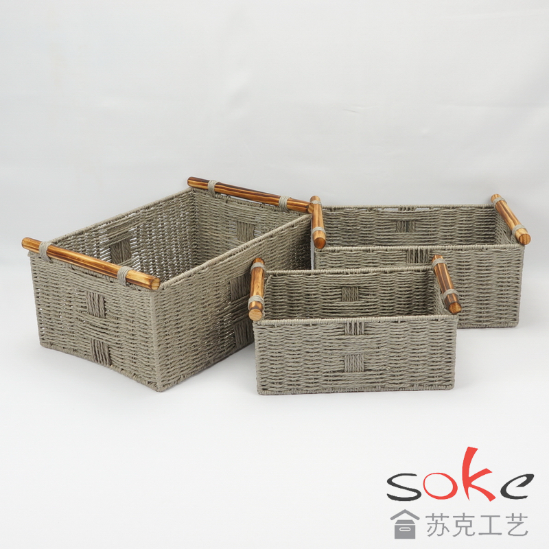 Paper String Hand-made Storage Basket with Wooden Handles
